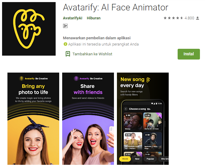 Aplikasi Foto Bisa Nyanyi yang Lagi Viral Android - Avatarify AI Face Animator